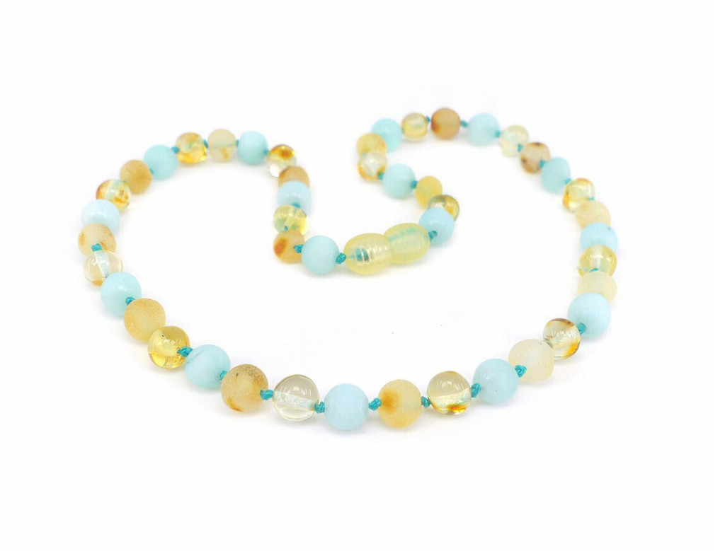 Amber teething necklace with amazonite beads