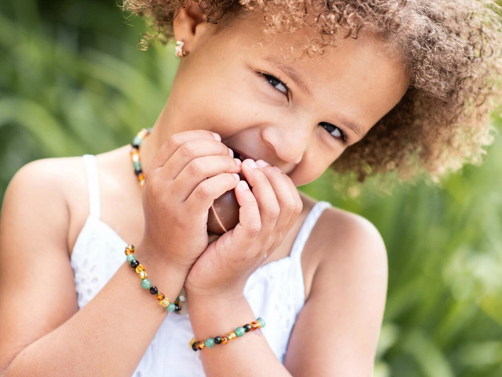 Children’s multicoloured Baltic amber necklace and matching anklet set with earthy baroque beads