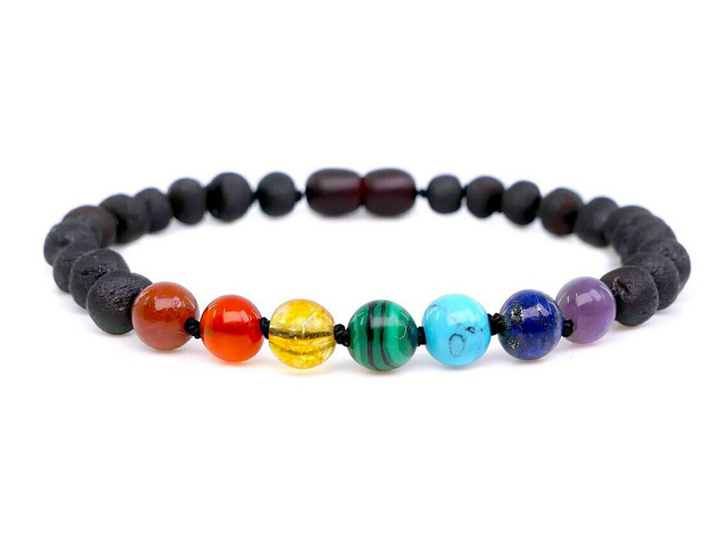 Adult raw Baltic amber bracelet with chakra gemstone beads – handmade unpolished design available for sale online