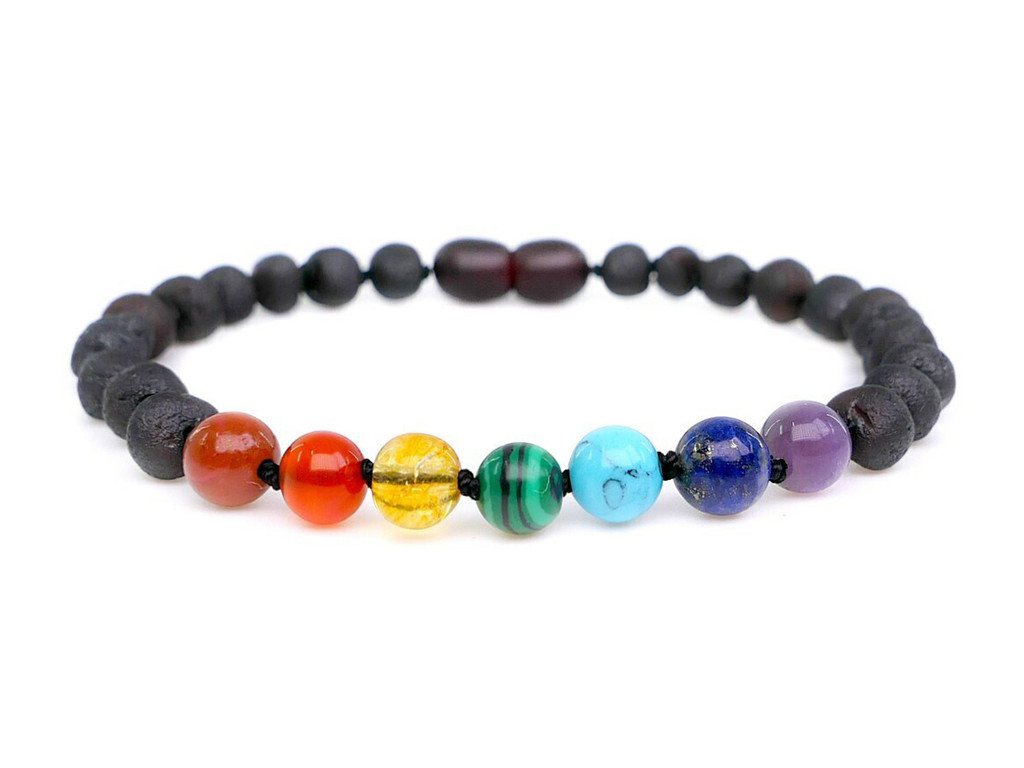 Adult Amber Bracelet with Dark Cherry Raw Unpolished Beads and Chakra Gemstones – Handmade Natural Jewellery for Men and Women