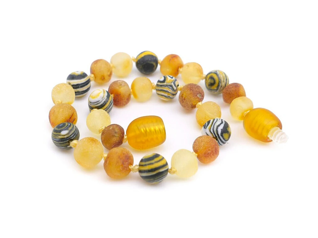 Adult amber bracelet with matte natural yellow malachite beads