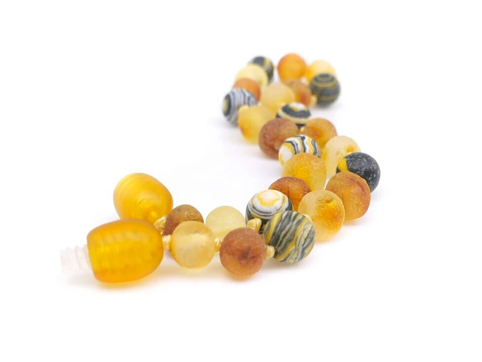 Adult amber bracelet with matte natural yellow malachite beads for women