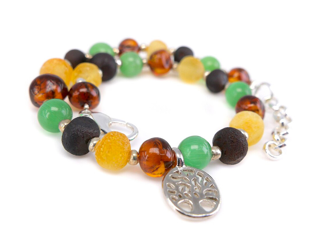 Multicoloured Baroque Baltic Amber Bracelet with Green Cat Eye Beads for Adults