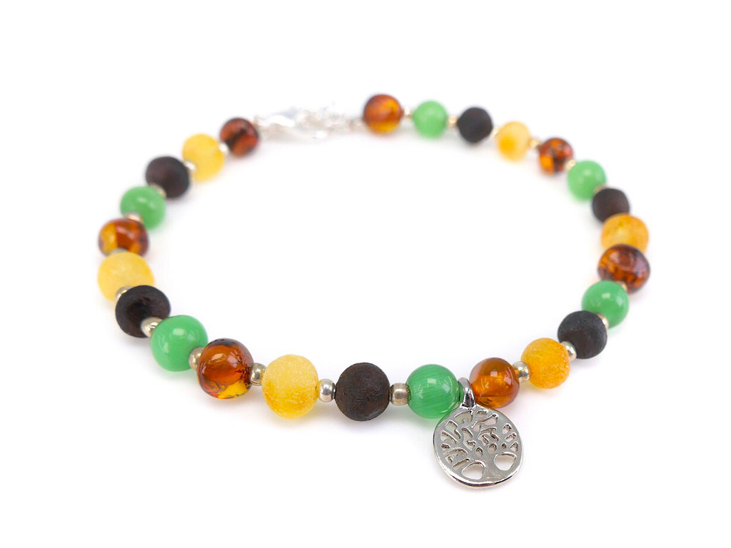 Multicoloured Baroque Amber and Green Cat Eye Bracelet for Adults