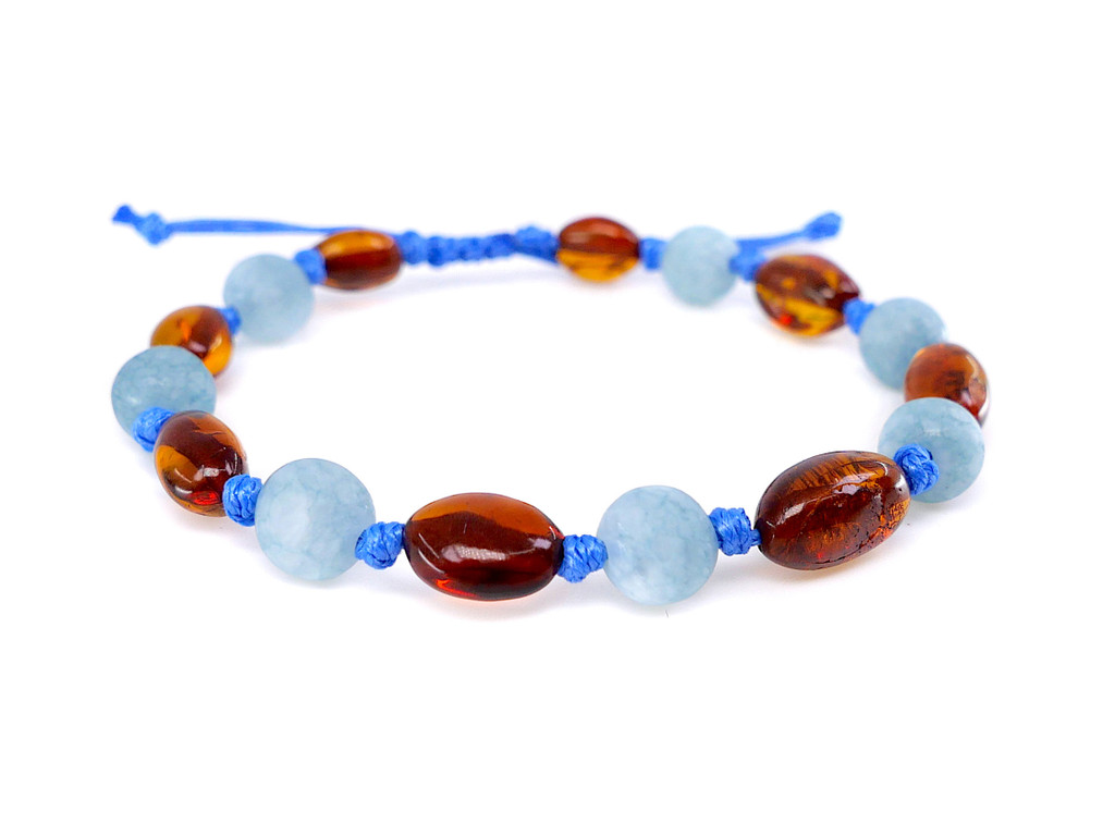 Newborn baby adjustable amber bracelet or anklet with matte blue aquamarine beads United Kingdom & Ireland