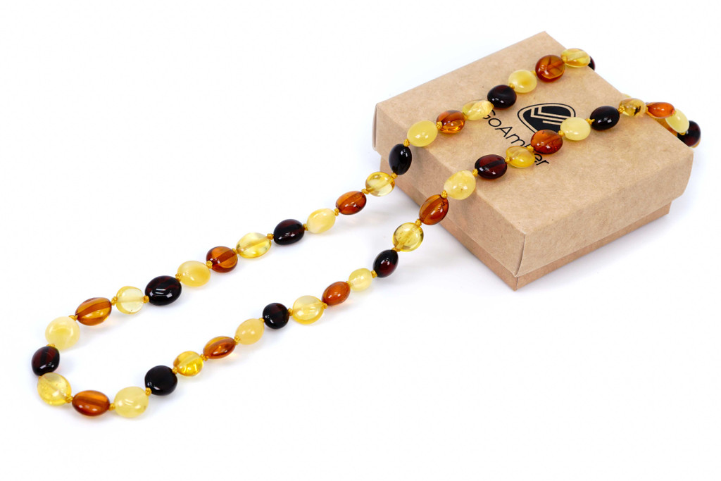 baltic amber necklace with polished multicoloured olive beads for adults