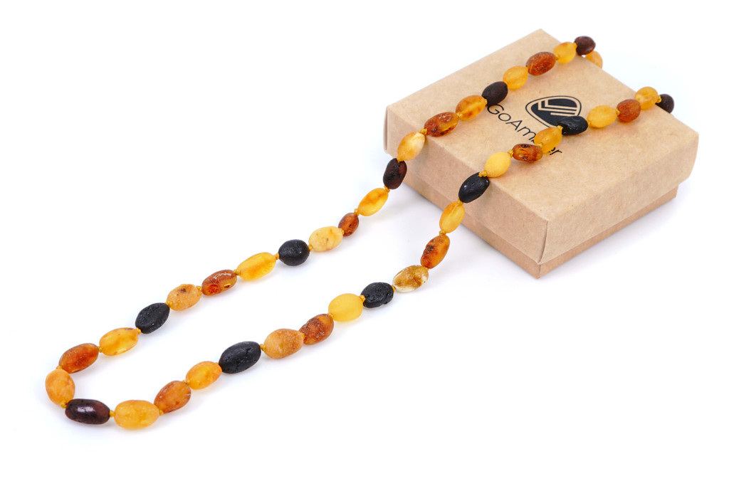 Certified Baltic amber necklace with extra strength raw multicoloured olive beads — genuine handmade natural jewellery for adults, crafted in the Baltic States and shipped worldwide