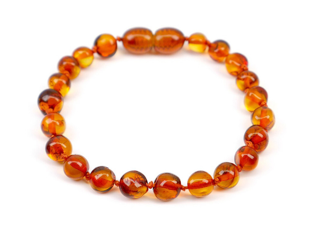 Polished baroque amber bead bracelet for teething crafted from certified cognac Baltic amber 