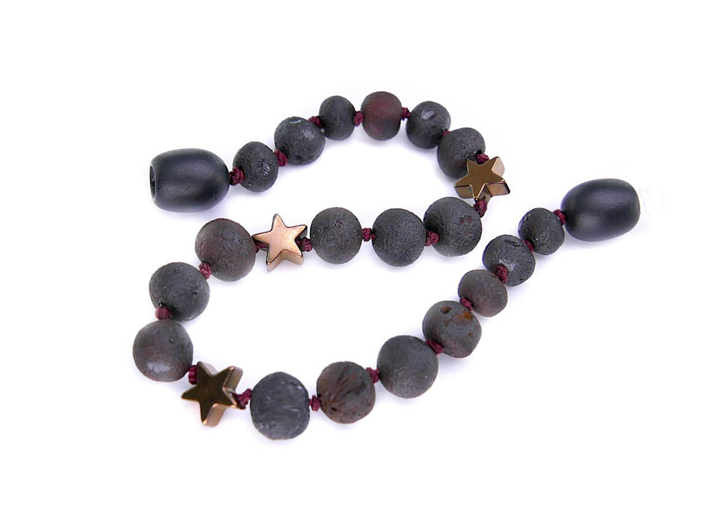Dark cherry raw Baltic amber teething bracelet with durable screw clasp and hand-knotted cord