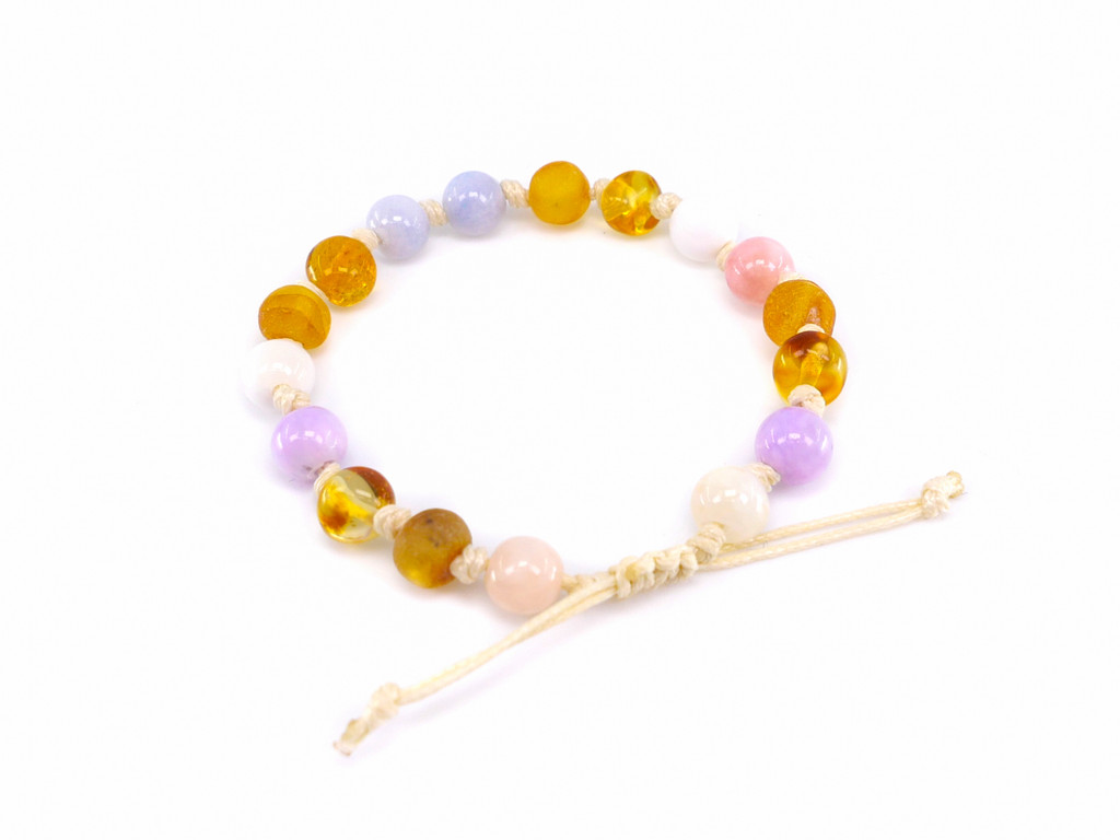 Adjustable amber and Chalcedony bracelet for teething with natural multicoloured beads 
