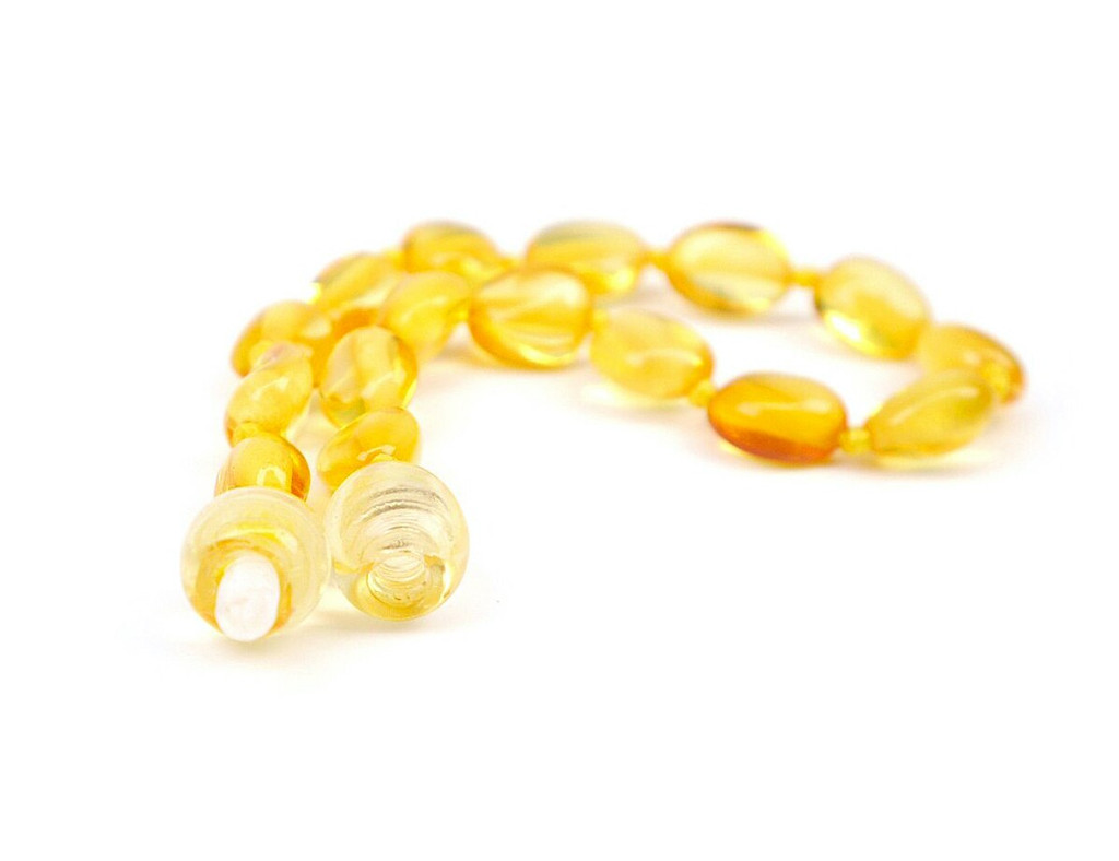 Baltic amber anklet for teething crafted with olive and lemon baroque beads