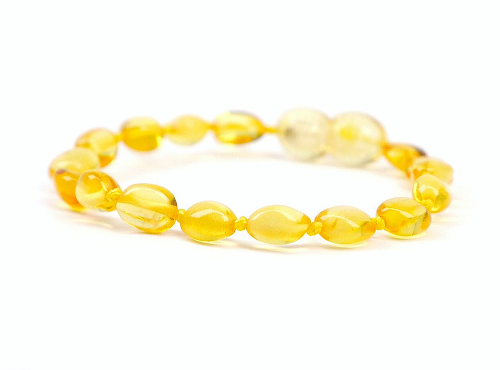 Lemon and olive amber teething jewellery for kids with secure screw clasp 