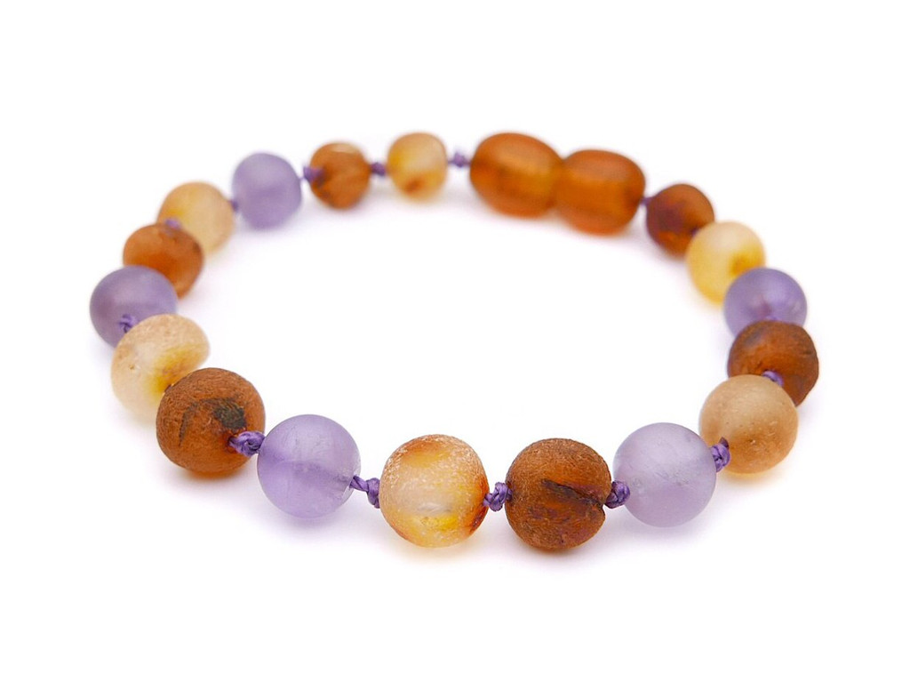Multicoloured raw amber teething bracelet for baby, infant or toddler handmade with amethyst gemstone beads