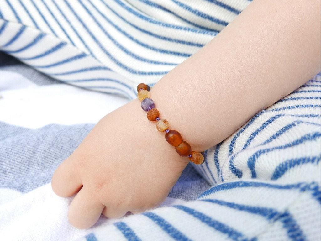 Adjustable amber anklet for kids with natural raw amber and matte amethyst gemstones - traditional teething style design