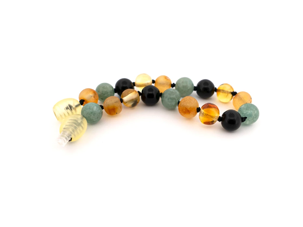 Certified Baltic amber teething bracelet for toddlers featuring jade and black obsidian 