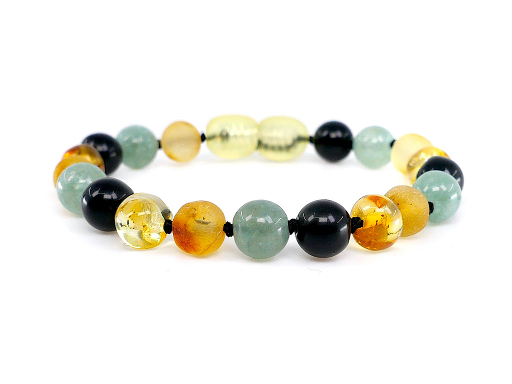 Amber teething bracelet or anklet with jade and black obsidian beads for children