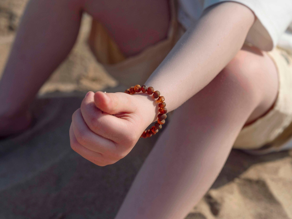 Certified raw cognac amber bracelet for teething made from natural unpolished Baltic amber