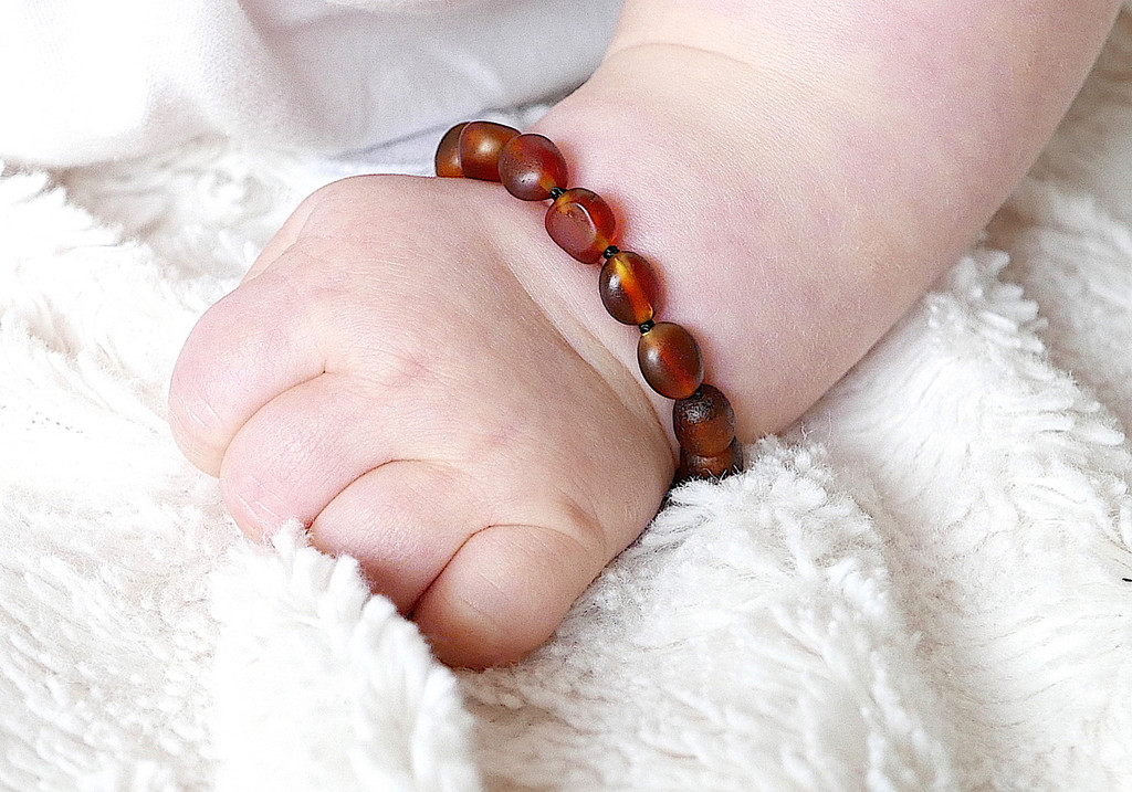 Unpolished cognac baby amber teething bracelet certified by the Gemological Institute of Europe