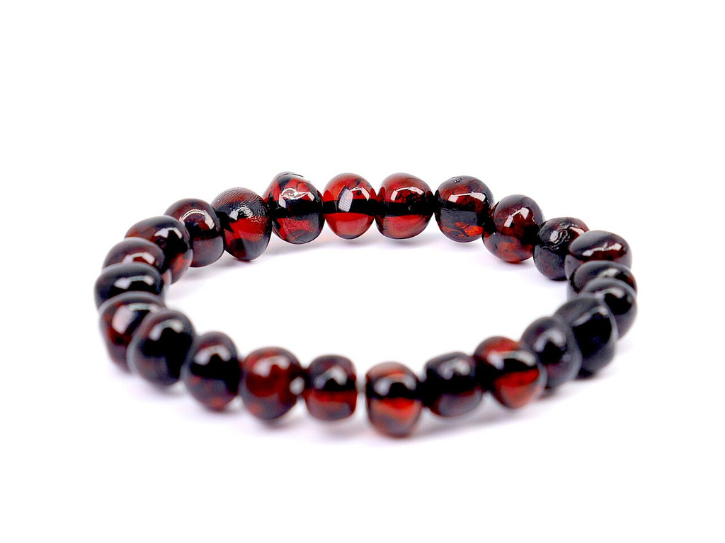Eco-friendly stretch amber teething anklet with genuine dark cherry beads from the Baltic region