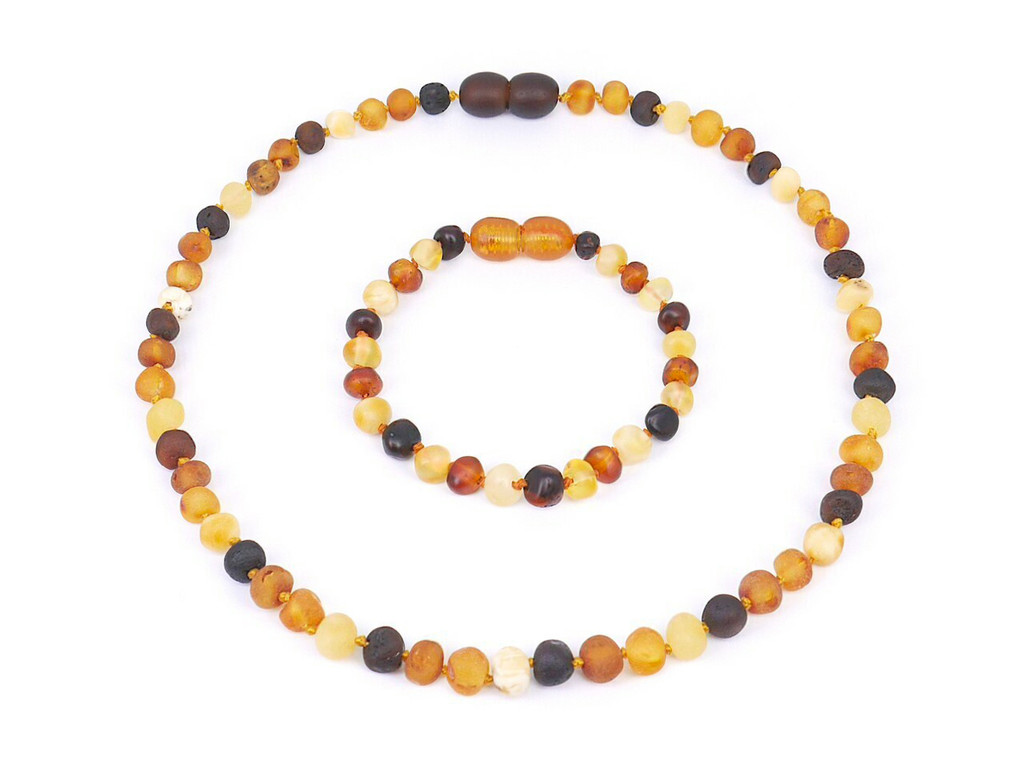 Certified raw Baltic amber necklace and matching bracelet set with multicoloured baroque beads
