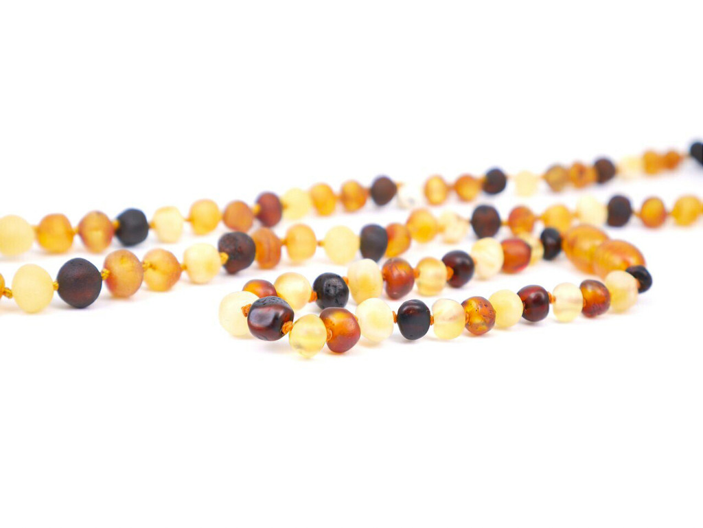 Earthy multicoloured baroque Baltic amber jewellery set made with unpolished beads for children