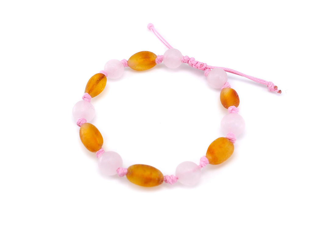 Amber and pink rose quartz teething bracelet for kids and babies 