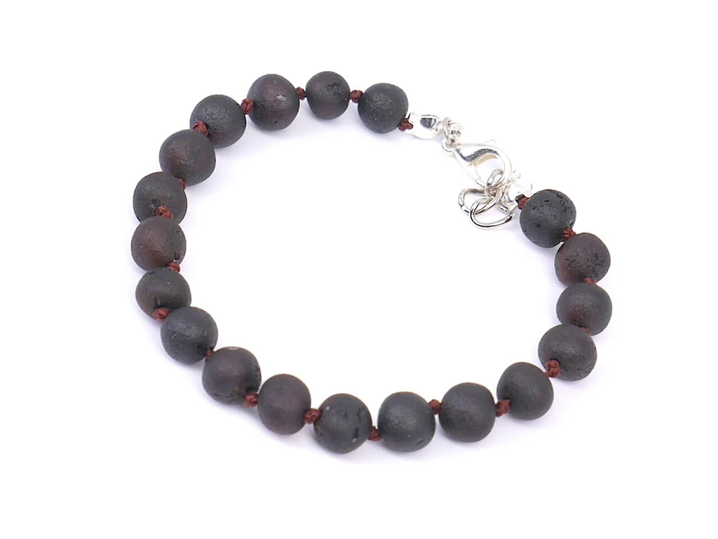 Eco-friendly handmade dark cherry amber teething anklet with smooth unpolished nuggets