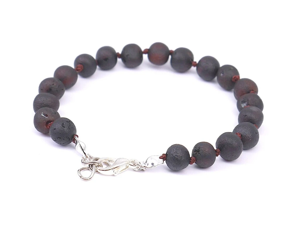 Adjustable dark cherry raw amber teething anklet, handmade and certified in Europe