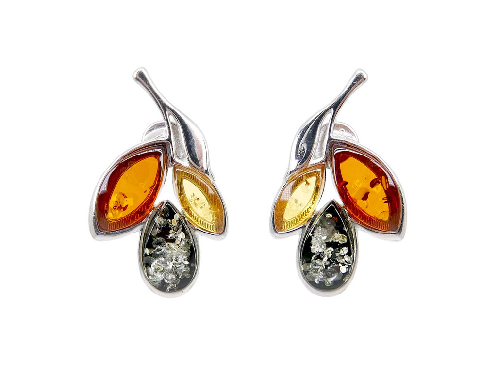 Multicolour sterling silver amber leaf earrings UK & Ireland