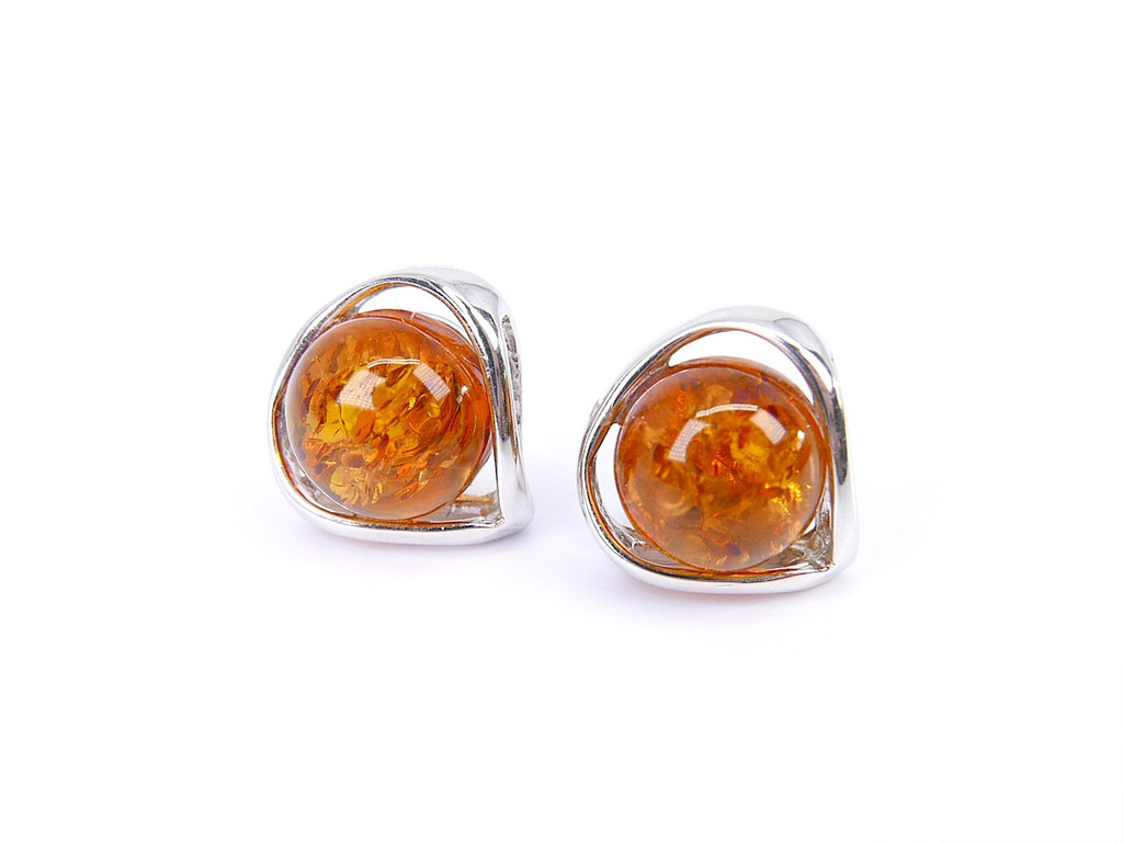 Rounded amber stud silver earrings