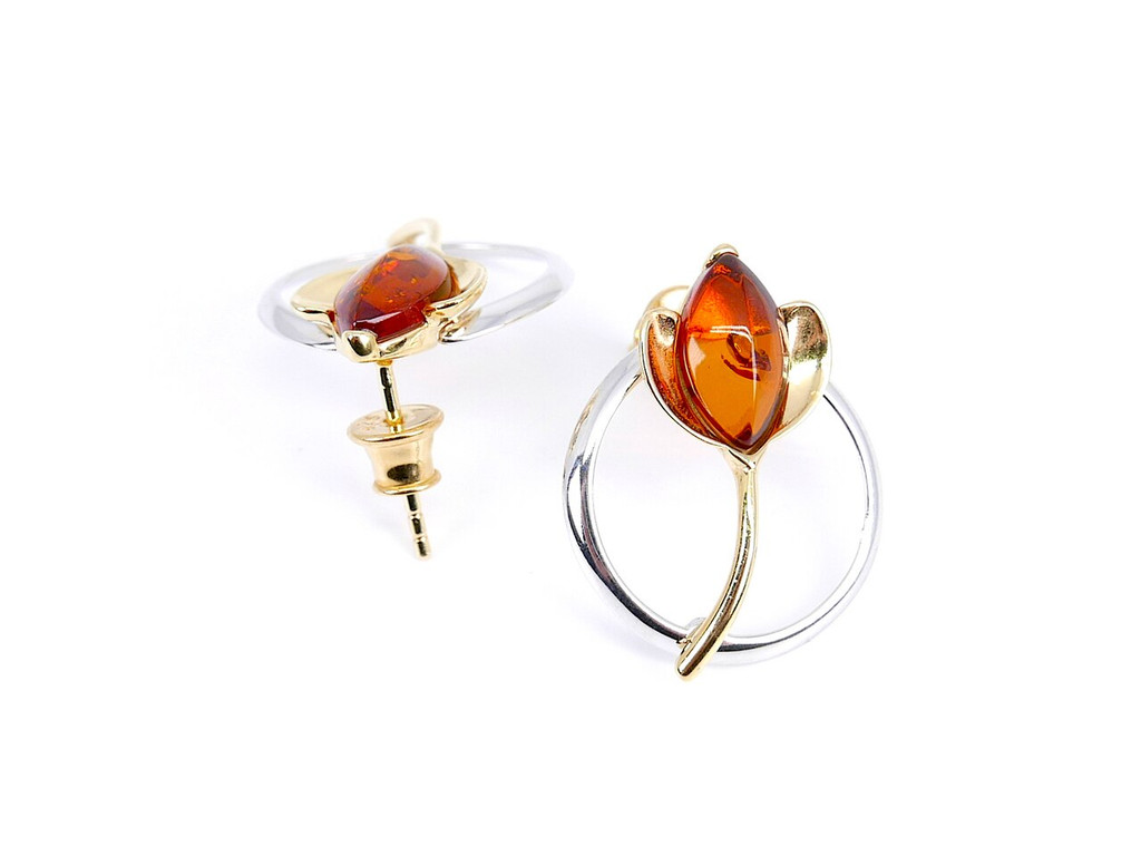 Gold plated amber tulip flower stud earrings