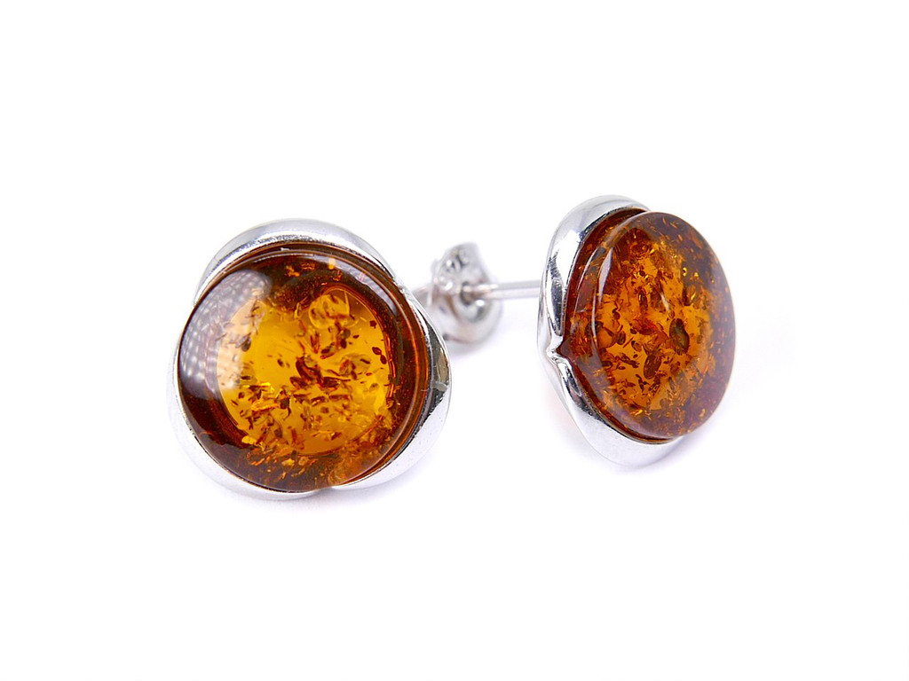Silver and amber round tapered edge stud earrings