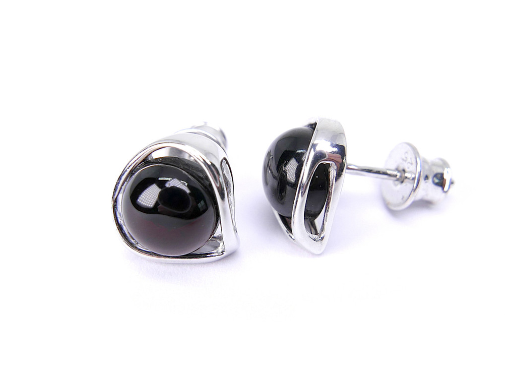 Rounded dark cherry amber stud silver earrings