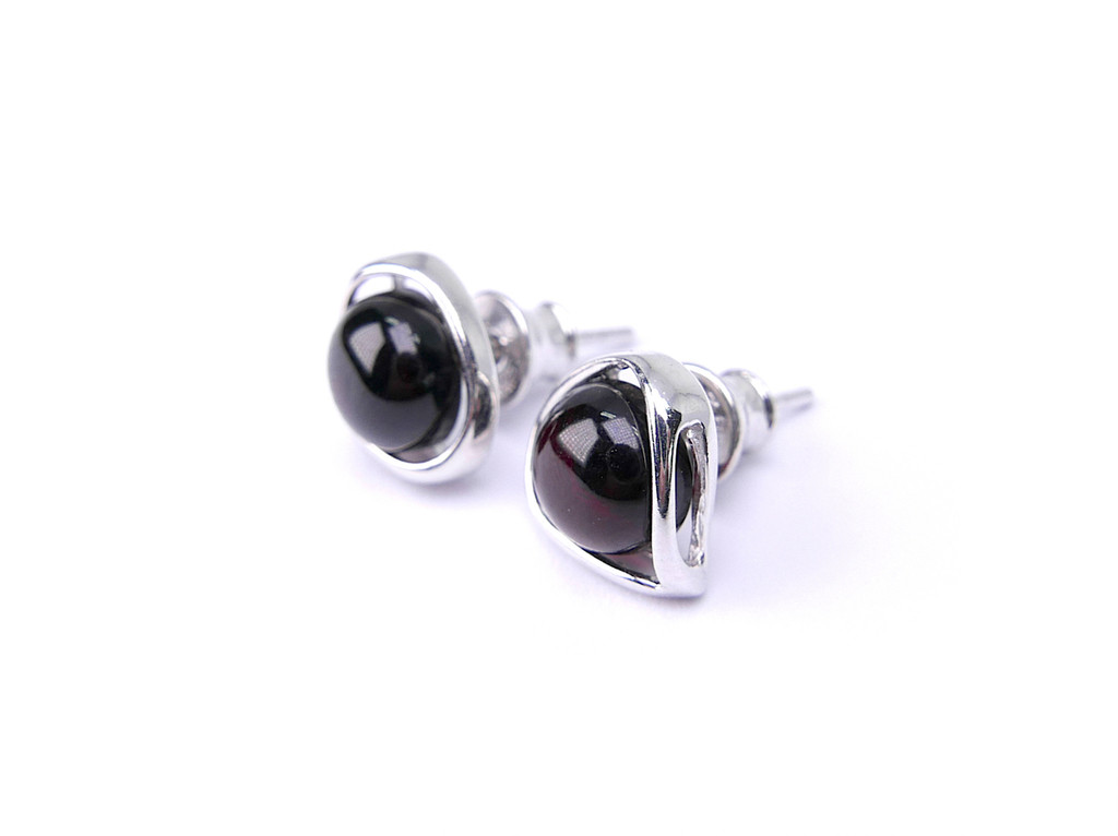Rounded dark cherry amber stud silver earrings