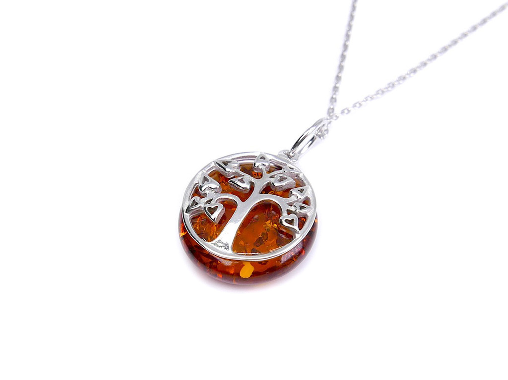 Cognac Baltic amber tree of life silver pendant