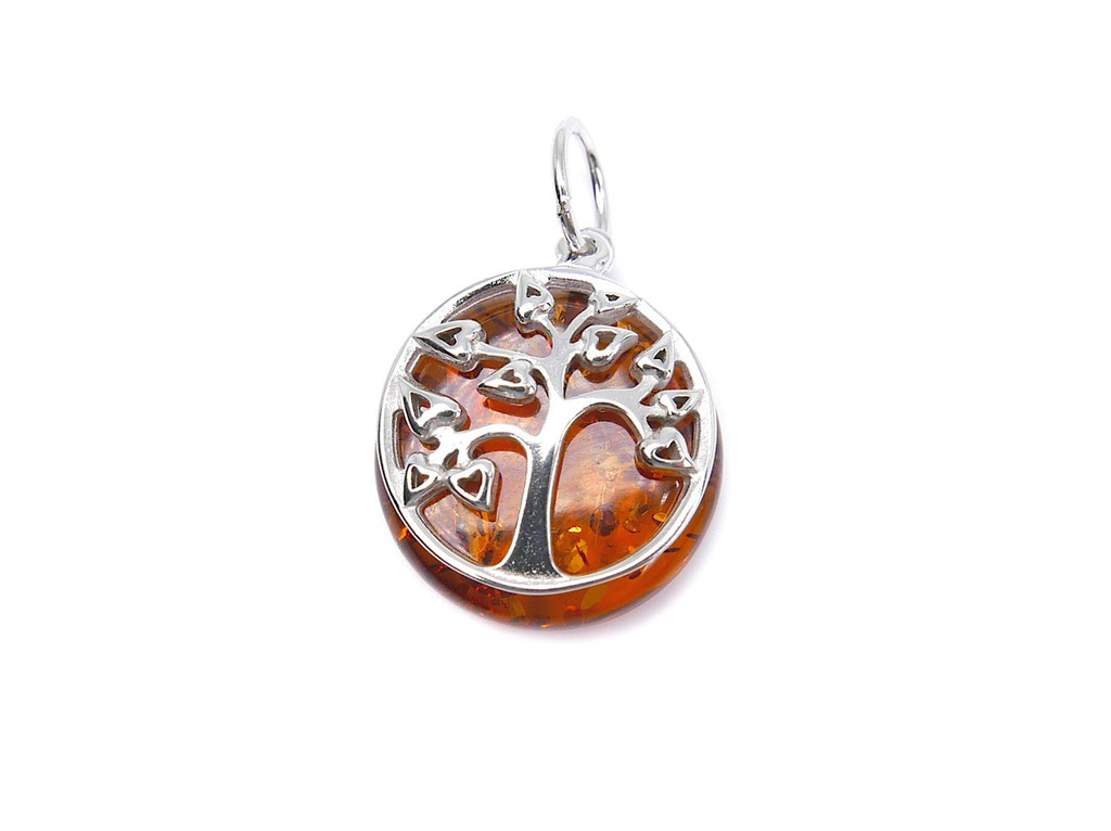 Cognac Baltic amber tree of life silver pendant