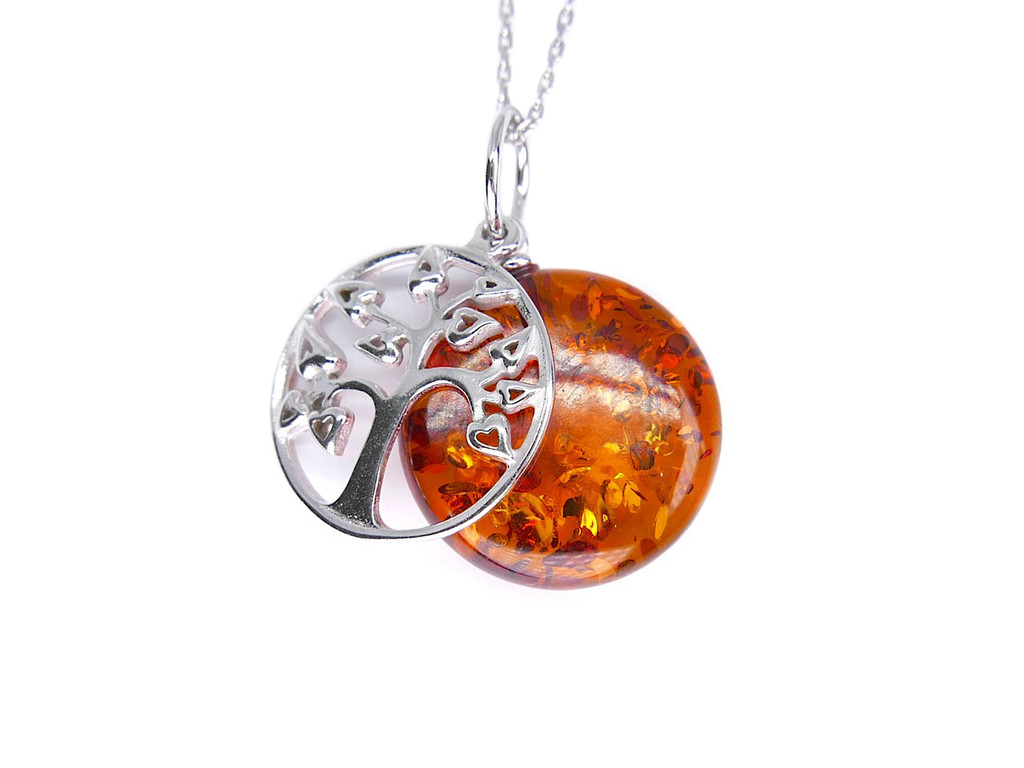 Cognac Baltic amber tree of life silver pendant