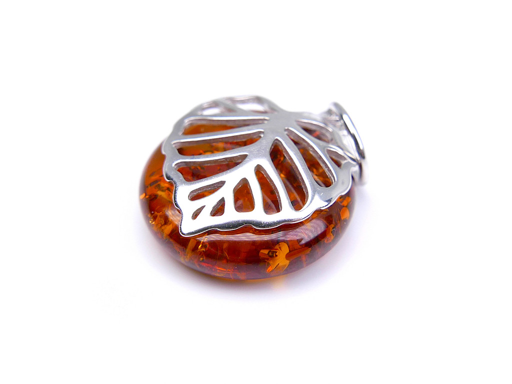 Cognac Baltic amber leaf silver pendant