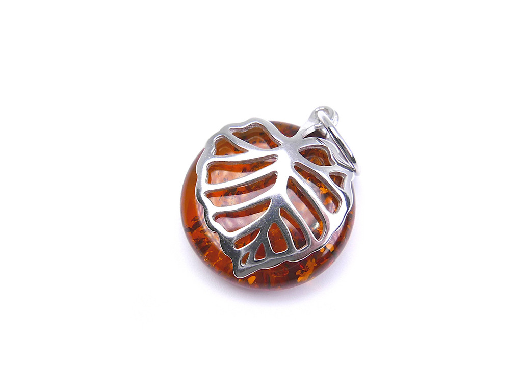 Cognac Baltic amber leaf silver pendant