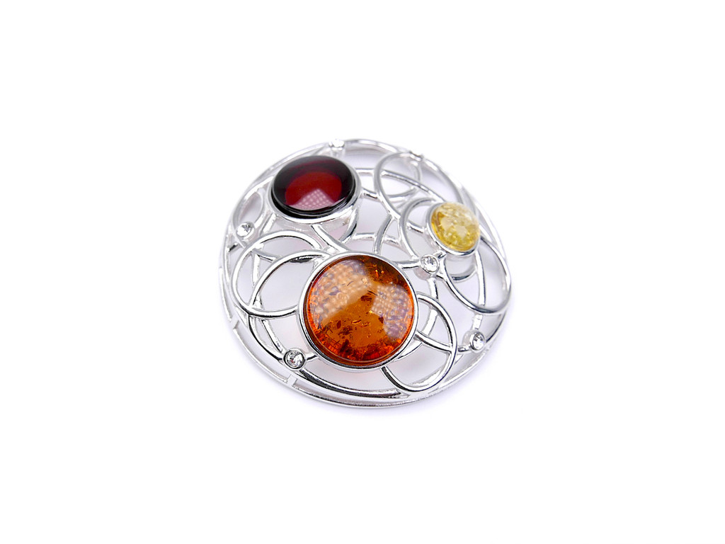 Elegant Baltic amber sterling silver pendant with three polished amber gemstones, intertwined circular silver detailing and a rhodium-plated finish