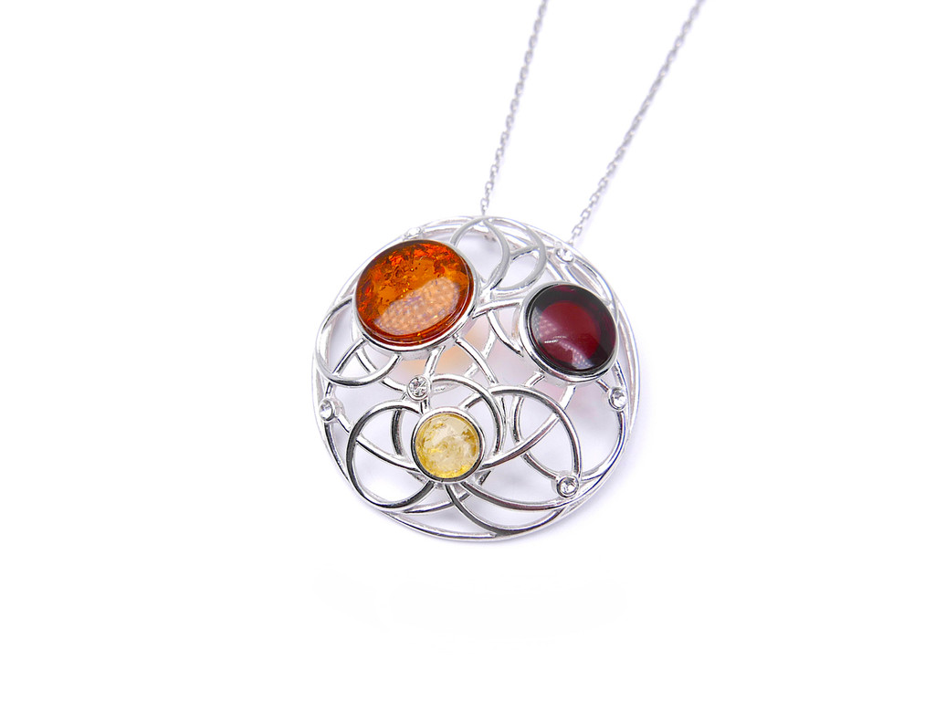 Multicolour natural Baltic amber round pendant featuring cognac, dark cherry and lemon yellow amber stones in a polished 925 sterling silver openwork setting