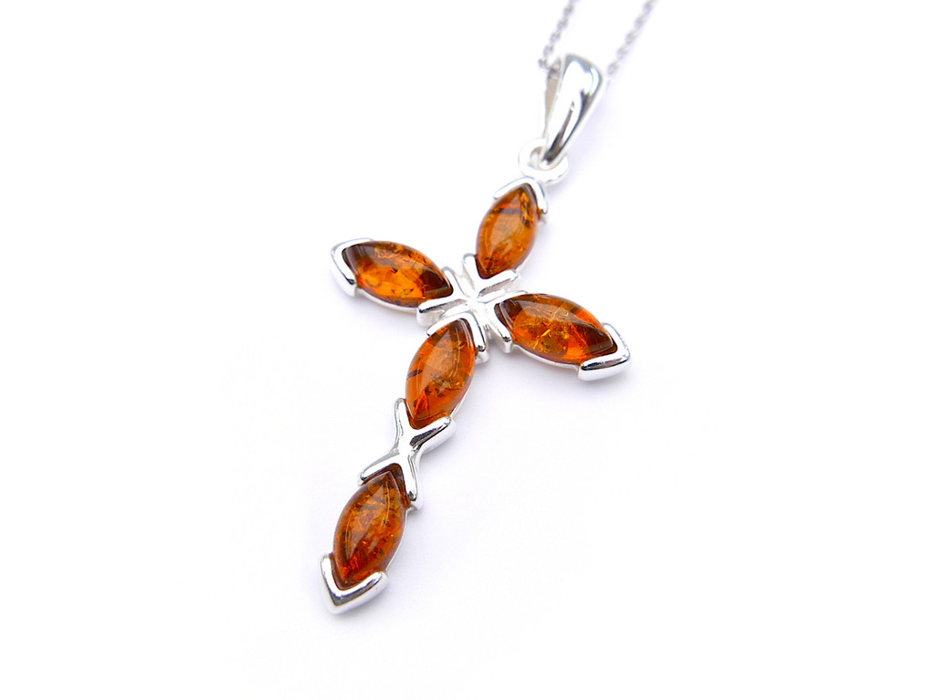 Baltic amber cross pendant in sterling silver