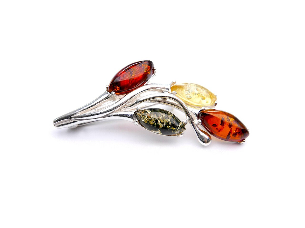 Sterling silver Baltic amber leaf brooch