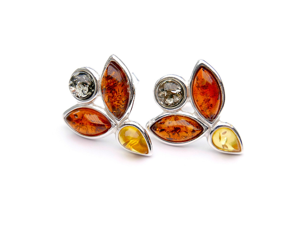 Baltic amber flower stud earrings in sterling silver