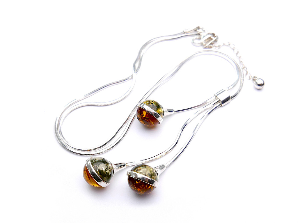 Baltic Amber Necklace: Triple Beaded Ball Adjustable Design in Sterling Silver