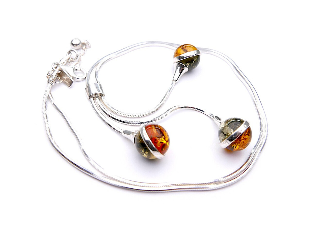 Baltic amber triple beaded ball adjustable necklace in sterling silver