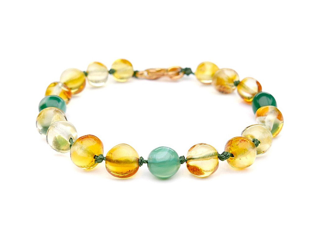 Baltic amber teething anklet for babies with baroque beads and green jade details