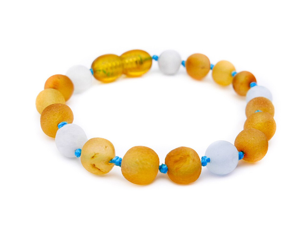 natural amber bracelet for children featuring matte aquamarine gemstones and organic design - traditional teething style design