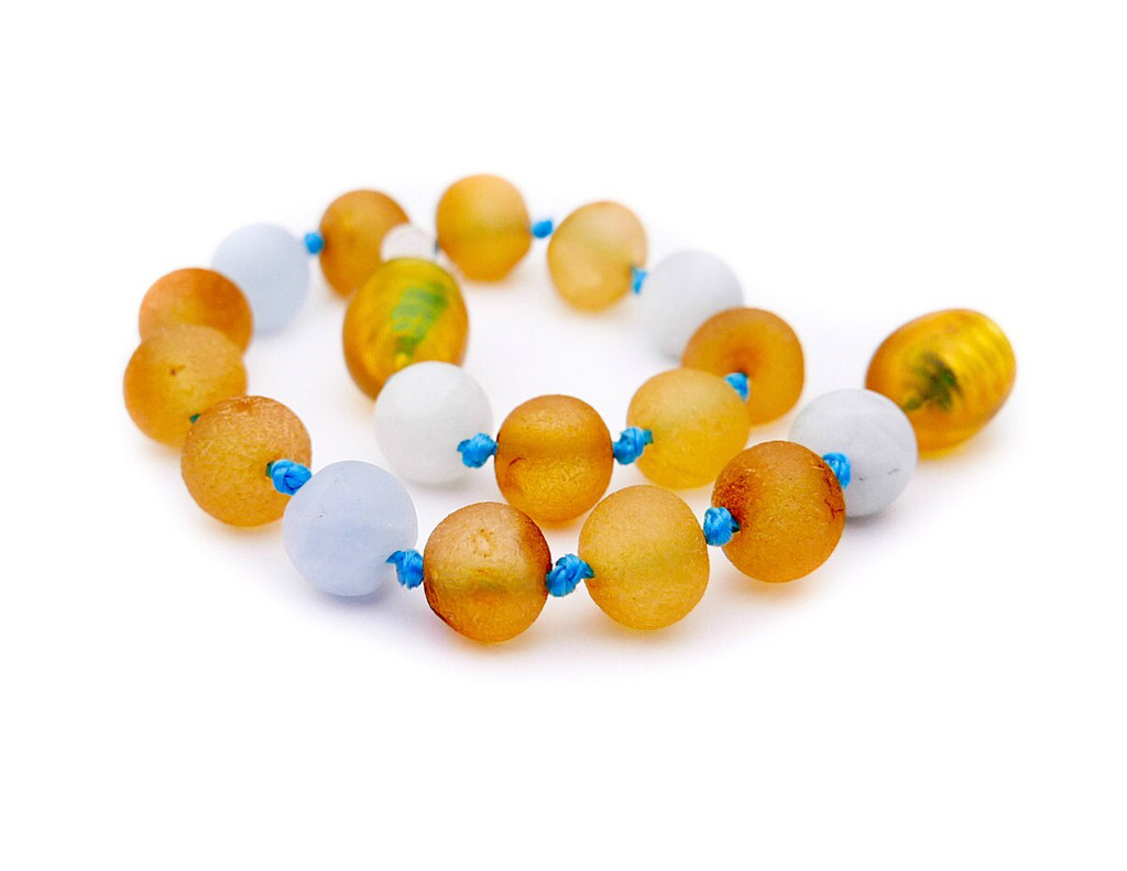 Amber teething bracelet for baby with light aquamarine beads