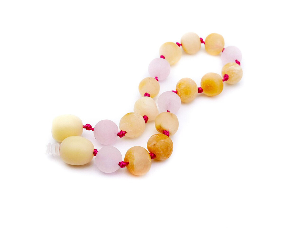 Elegant raw amber and rose quartz gemstone anklet for children, handmade and eco-friendly from the Baltic region - traditional teething style design